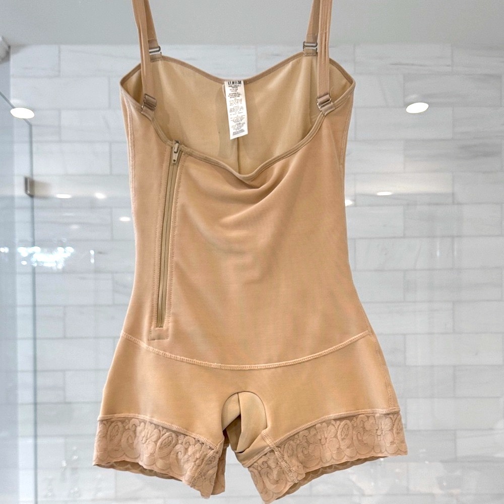 Shapewear Bodysuit Romper with Lace Trim - Beige